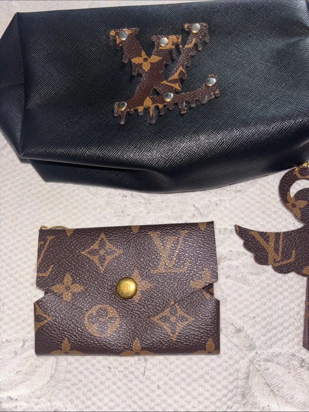 Upcycled Brown Monogram Keychain & Card Holder Set - Brown